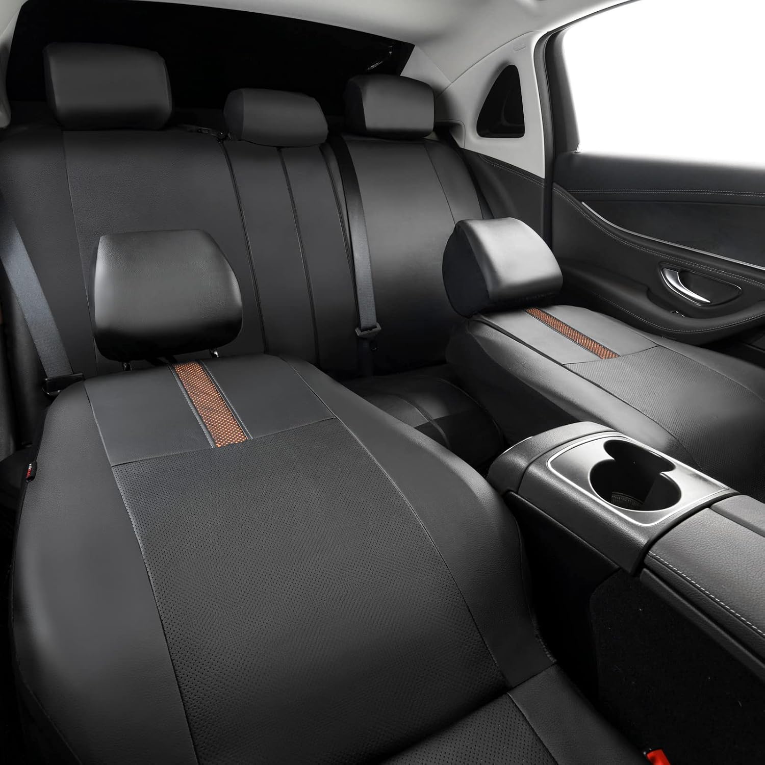 CAR-GRAND Faux Leather Car Seat Covers Full Set, Breathable Automotive Front and Rear Seats Covers, Airbag Compatible Unviersal Fit for Cars Sedans SUV Pickup Trucks, Black and Beige