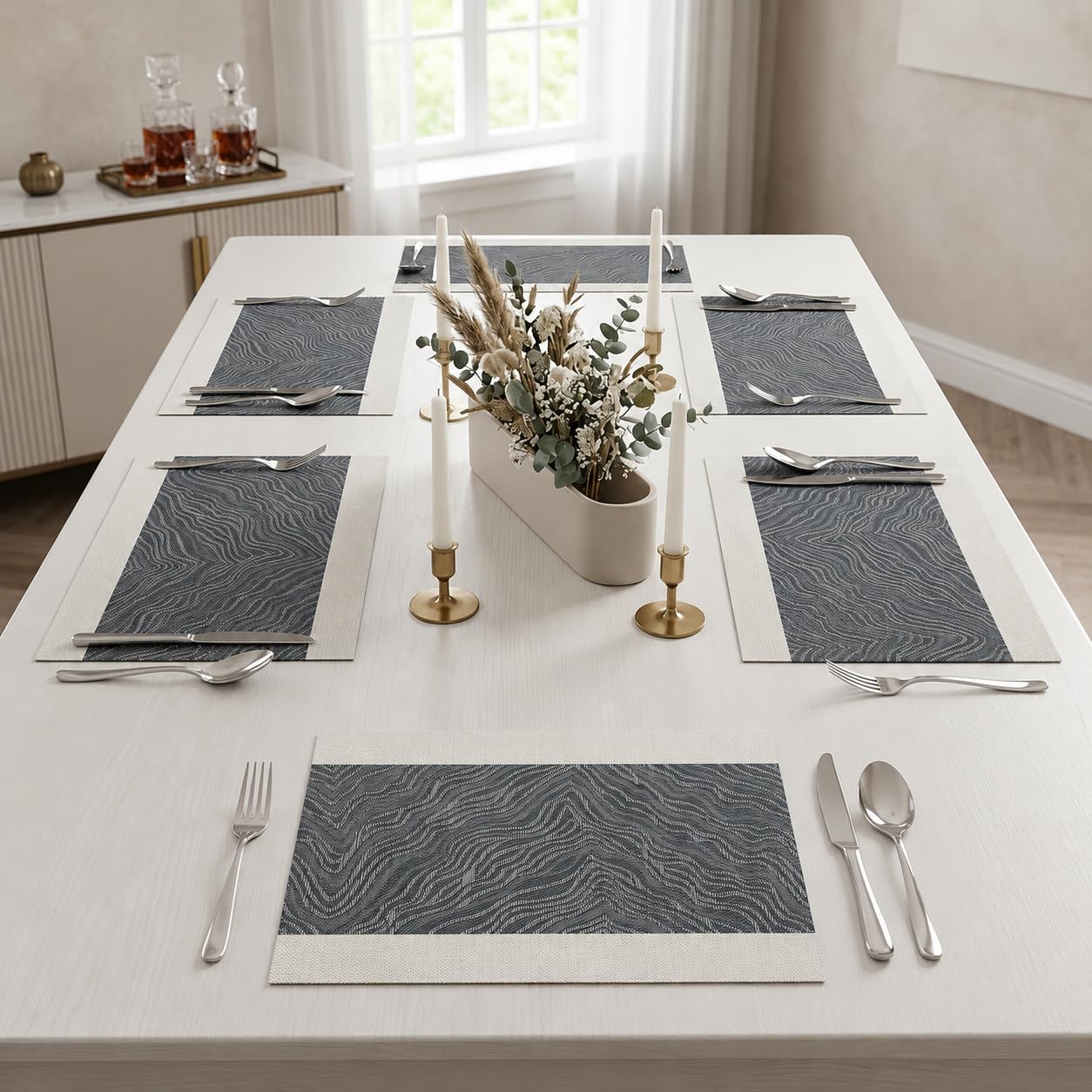 daiDokoro Rectangular Crossweave Woven PVC Vinyl Non-Slip Insulation Heat-Resistant & Waterproof Stain Resistant Washable Placemat for Dining & Kitchen Table-(Anchor Grey, Set of 6)