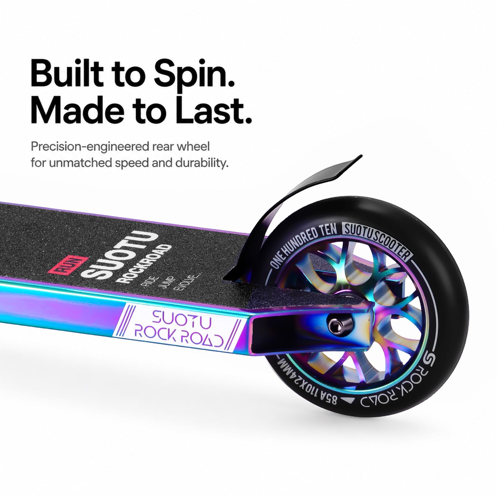 Patinete Freestyle, Dirección de 360°, Ruedas de PU de 85A 110 mm, Scooter Freestyle para Niños Adolescente y Adultos, Capacidad Máxima de Carga: 100 kg, Aluminio (Negro – Arcoíris)