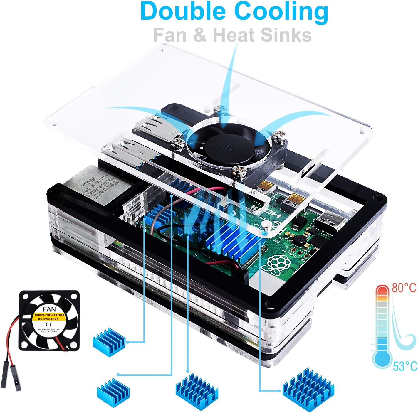 Miuzei Case for Raspberry Pi 4 with Fan, 3A USB-C Power Supply, 1.5M Micro HDMI Cable, HDMI-Micro HDMI Adapter, 4 Aluminum Heat Sinks, USB Card Reader (Raspberry Pi 4 Not Included