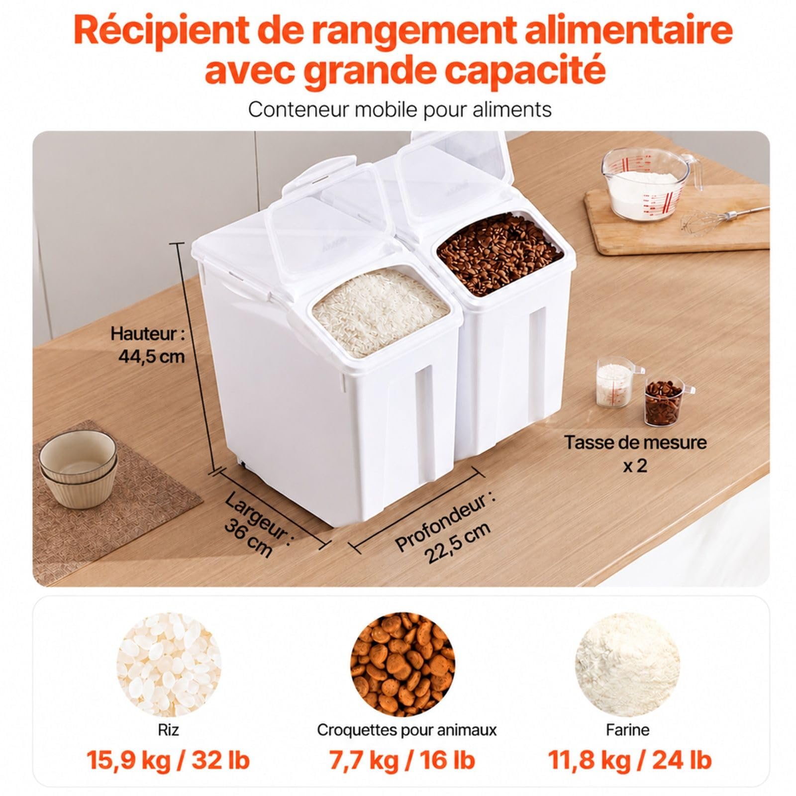 Lot de 2 conteneurs de riz 20 L avec couvercle, boîte de rangement pour céréales et farine, bac de cuisine avec roulettes