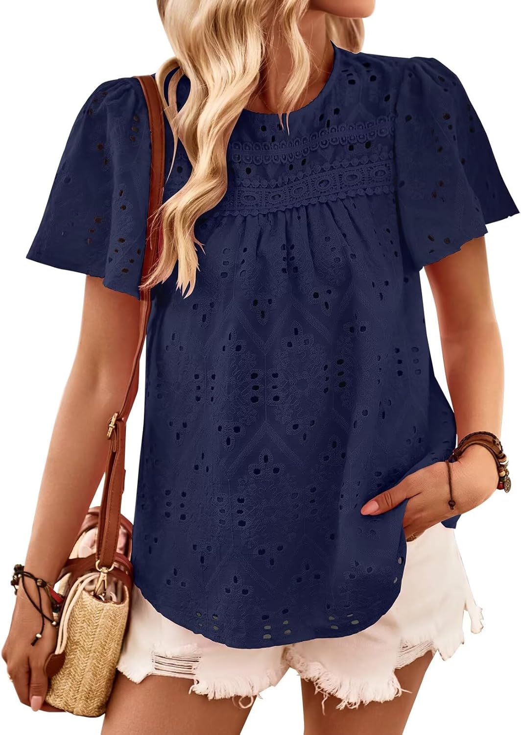 Womens Summer Tops Boho Short Sleeve Crew Neck Blouses for Women Dressy Casual Babydoll Cute Flowy Preppy Shirts