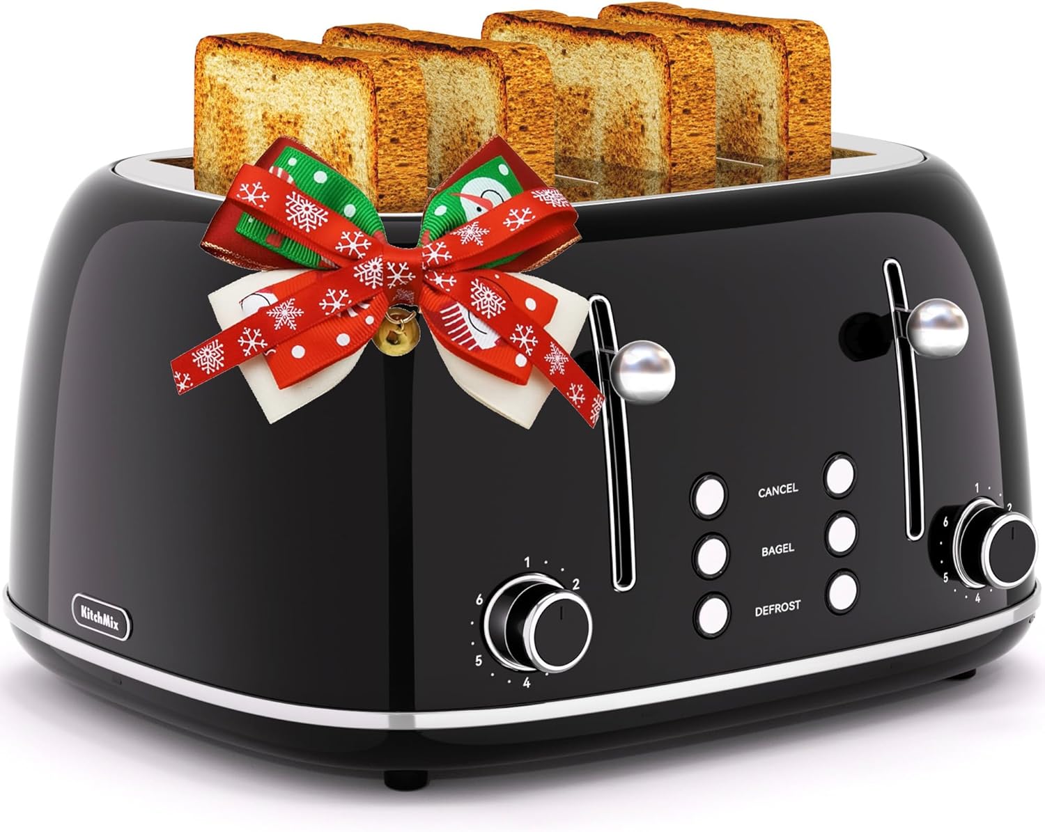 Toaster 4 Slice, Retro Stainless Toaster with 6 Bread Shade Settings,1.5''Wide Slots with Cancel/Defrost/Reheat Functions,Dual Independent Control Panel, Removal Crumb Tray (Black)
