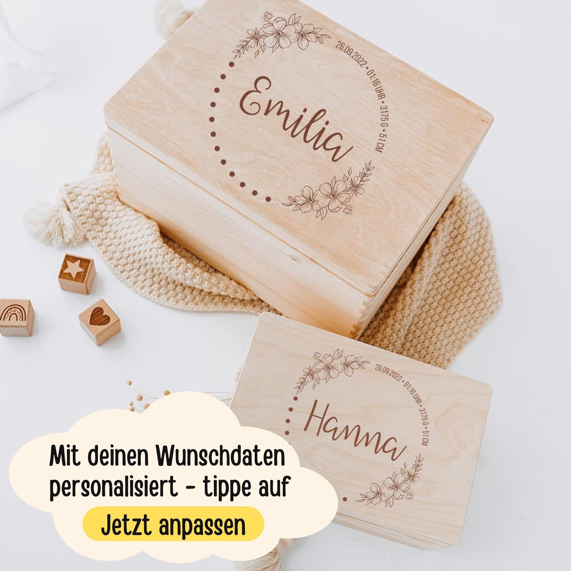 Personalisierte Baby-Erinnerungsbox Aus Holz – Mit Individuellem Druck, 2 Größen