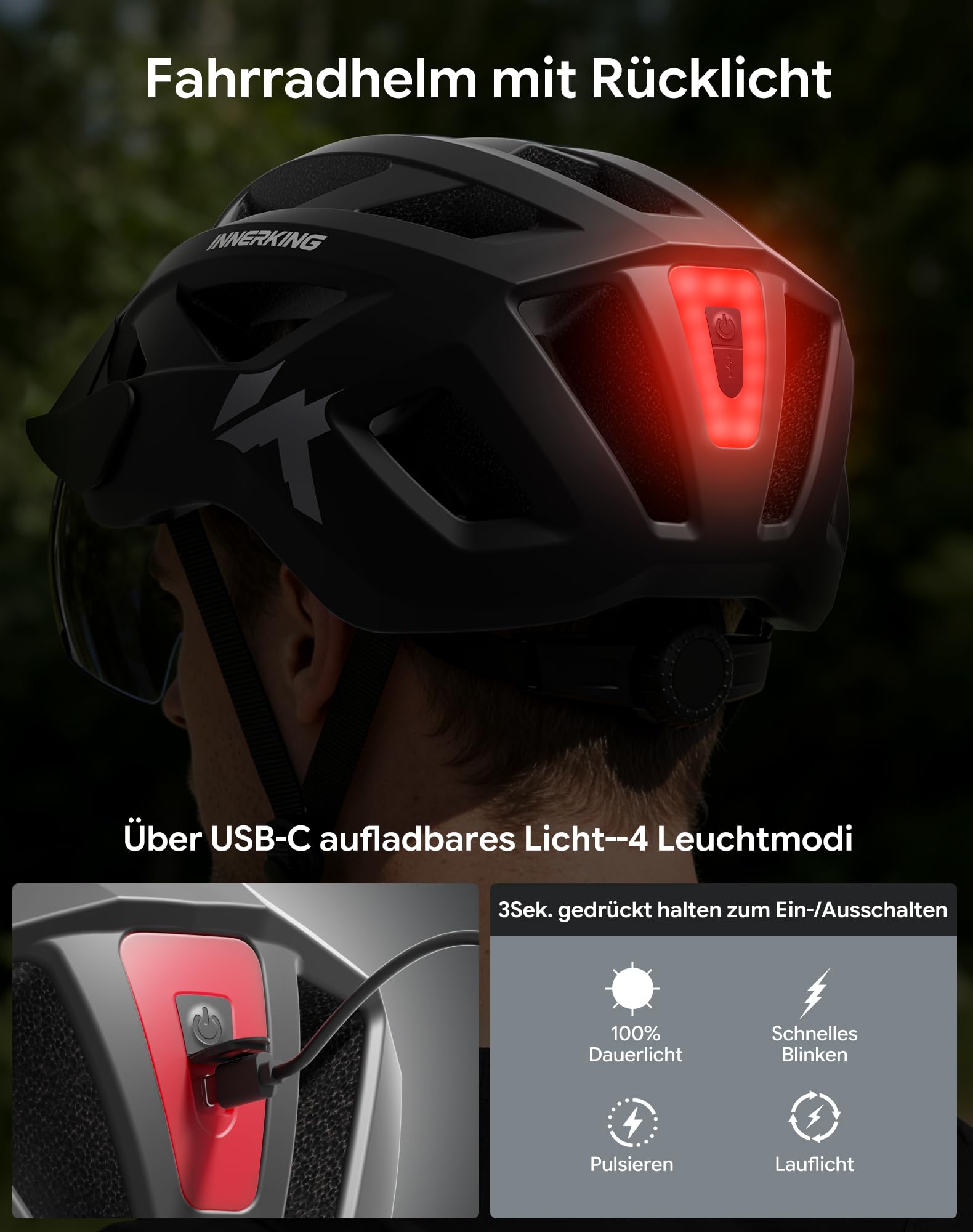 InnerKing Fahrradhelm Herren Damen, Leichte Fahrradhelm mit Magnetische Schutzbrille Visier und USB-Aufladung LED Licht, MTB Helm Radhelm Cityhelm