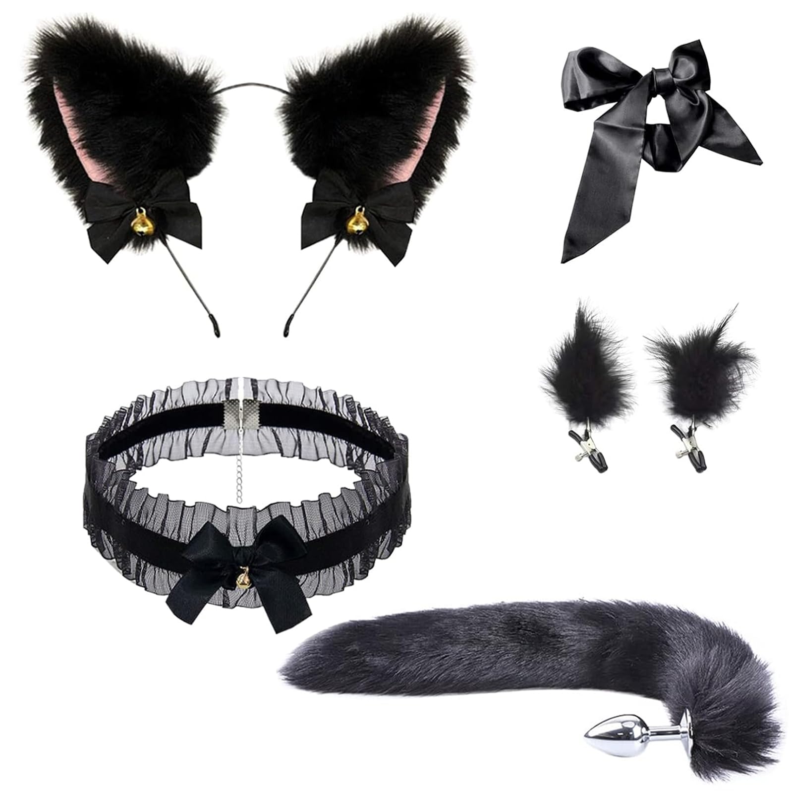 BDSMYOU Plug Anale per Coppie Cosplay con Coda di Volpe,Sex Toys Sexytoysys Coppia,Morsetti per Capezzoli + Collare + Orecchie di Gatto + Maschera per gli occhi,BDSM Bondagerie Accessori Donna (Nero)