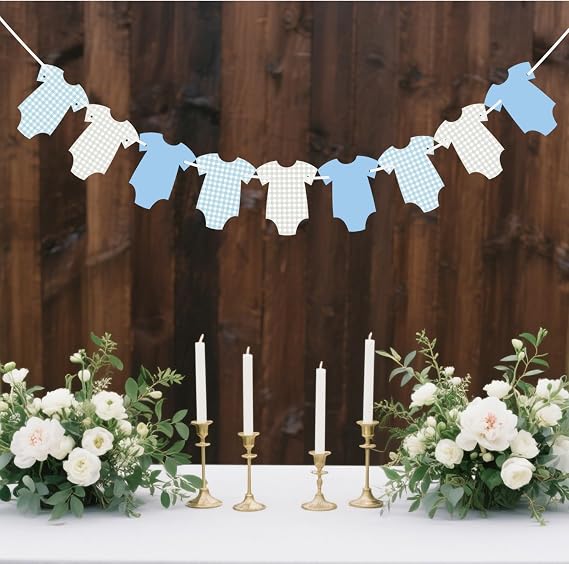 ALISSAR 2 Pcs Pre-Strung Blue Gingham Bodysuit Baby Shower Banner - Baby Boy Shower Decorations-