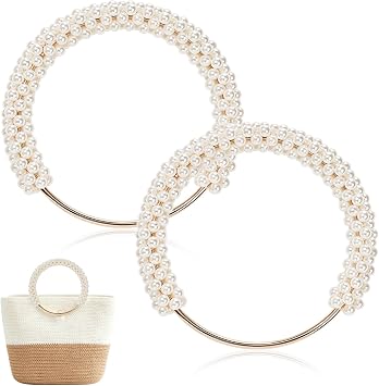 TXIN 2 Pieces Pearl Beaded Purse Handle, Imitation Pearl Decor Handbag Handle, Short Replacement Bag Chain Accessories with Golden Ring for DIY Handmade Woven Crochet Bag Purse Making Supplies White