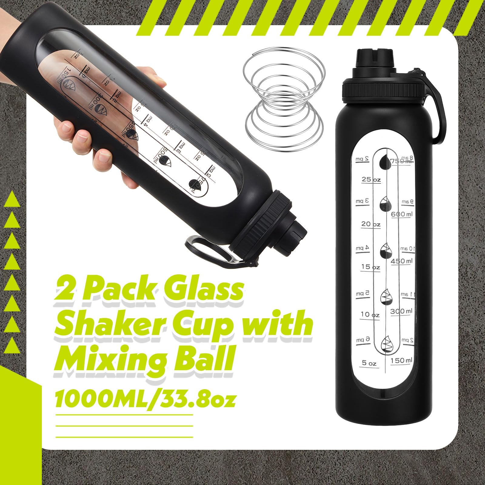LemonRoad Set di 2 shaker per proteine da 1 l con 2 sfere in acciaio inossidabile, set di tazze shaker per miscele di proteine, frullatore, bottiglia d'acqua per palestra, allenamento e sport