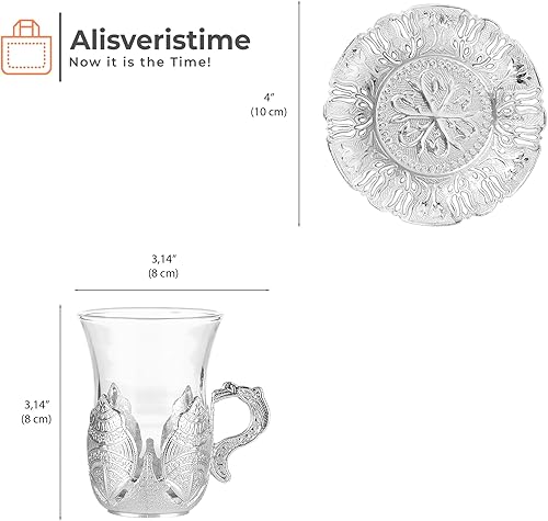 Miniatura 3 de Alisveristime (juego de 6 té turco con vasos acentuados en oro y platillos de zamac, elegante juego de servir (plateado)