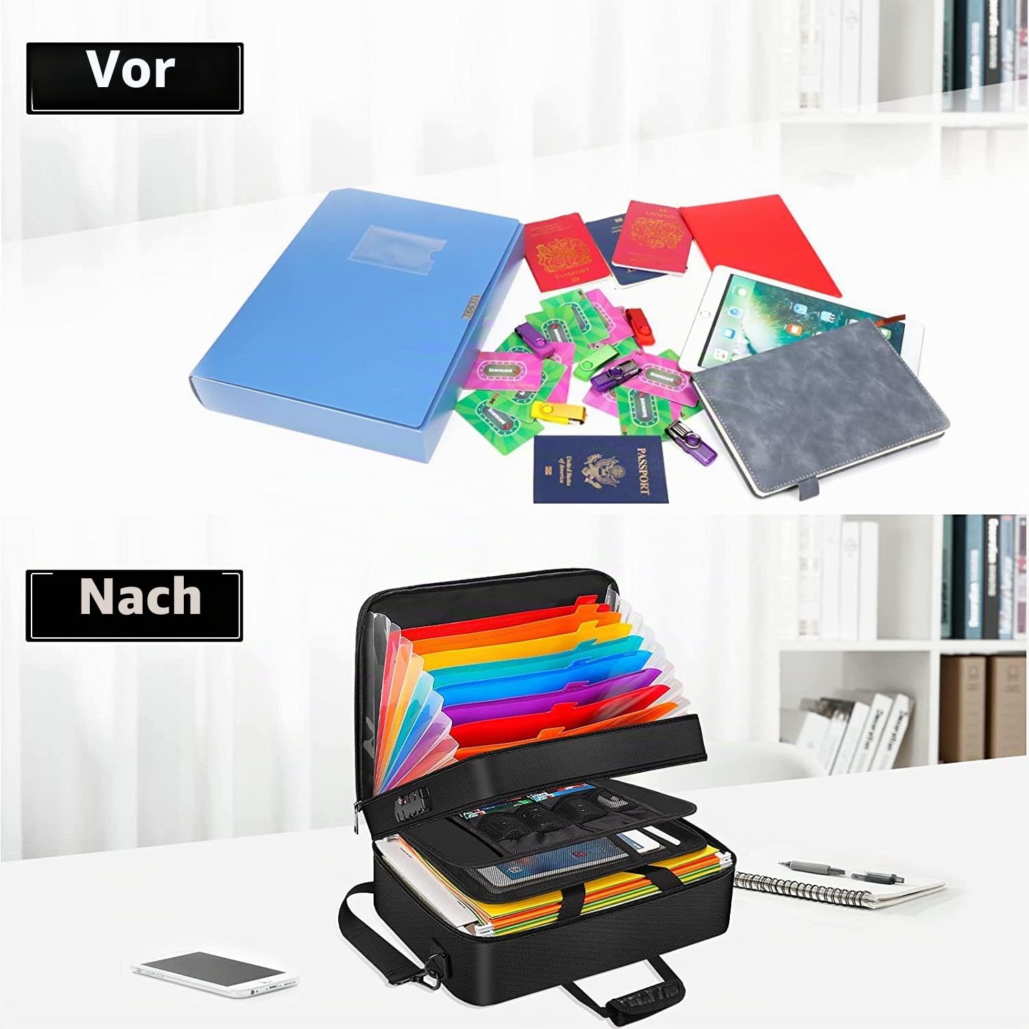 Feuerfeste Dokumententasche mit Schloss,Aufbewahrungsbox mit 13 Fächer,A4 Aktenordner,Ordner,Organizer 36 x 27 x14 cm Fächermappe Mehrschichtige Dokumentenbox zur Aufbewahrung von Papieren,Reisepässen Bürobedarf & Schreibwaren