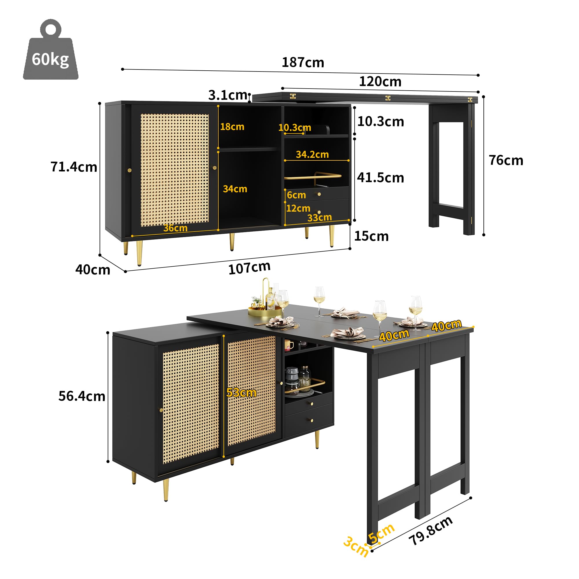 Moimhear Barra giratoria de 360° (cuerpo principal: 107 x 40 x 71,4 cm), barra de diseño retráctil, armario de almacenamiento con puerta de ratán + estante de almacenamiento abierto, adecuado para