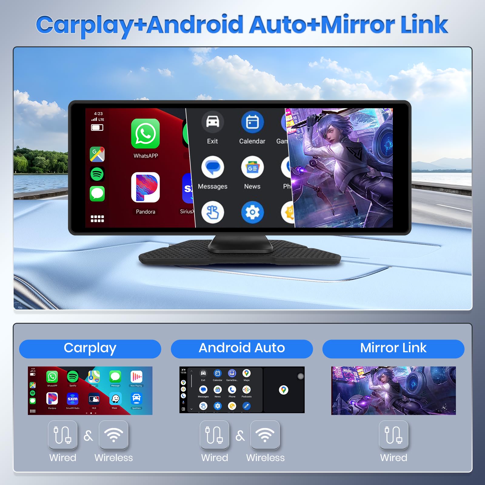 CarPlay e Android Auto Senza Fili, Hodozzy 10,26 Pollici Stereo Auto Portatile Bluetooth con IPS Schermo, Carplay Schermo con Mirror Link/Controllo Vocale/AUX/USB+Telecamera Retromarcia