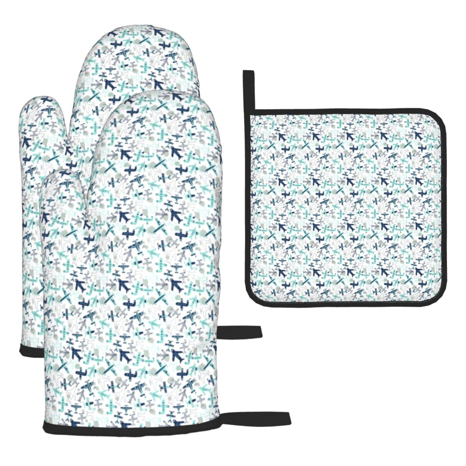 Airplane Print Oven Set Kitchen Gloves Baking Grilling Microwaving Cooking Gift Everyday Holiday