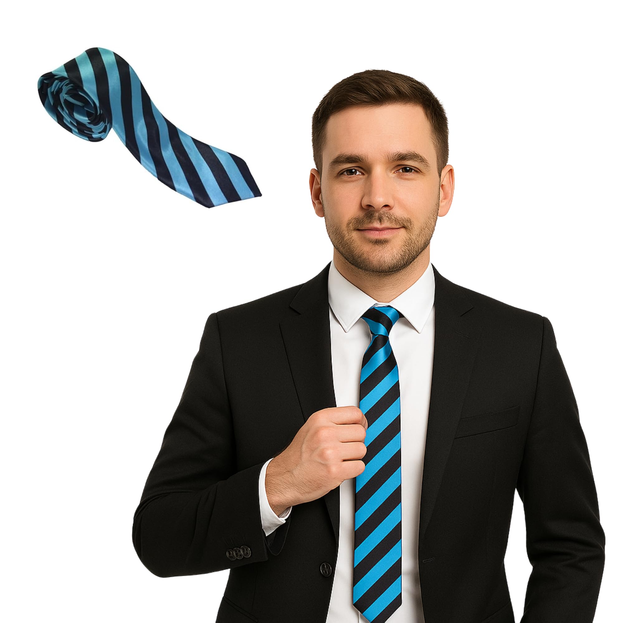 FNA FASHIONS® Mens Classic Slim Skinny Satin Tie Adult Wedding Fancy Party Solid Plain Necktie (Black/Turquoise, One Size)