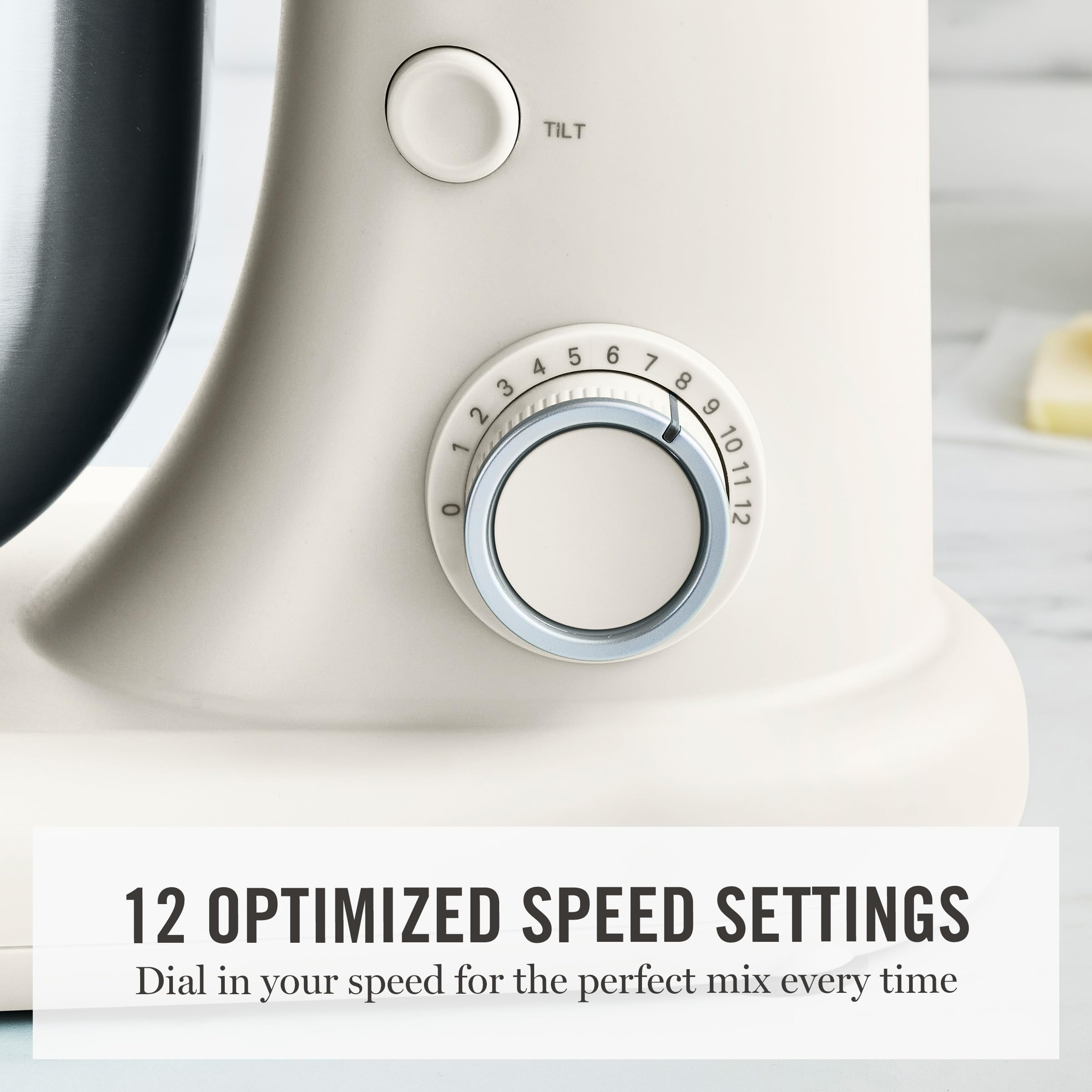 Martha Stewart  Tilt-Head Stand Mixer, 12 Speed, 5.3QT Stainless Steel Bowl, Splash Guard with Pour Chute, Whisk, Dough Hook, Flat Beater, Electric Kitchen Baking Mixer, Bread, Cake, Whip, Linen White - 4