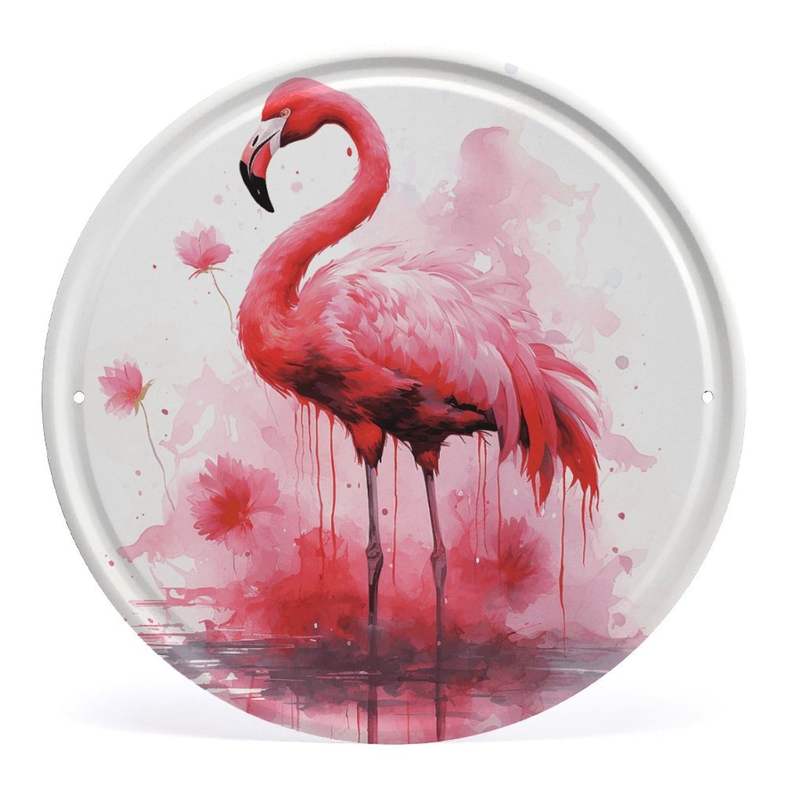 Fodpand Style Flamingo Watercolor Round Wall Art Hanging Decorations, Wall Decor Modern Minimalist Artwork, Tin Sign Hanging Picture For Living Room, Bedroom, Office, Hallway, 11.8X11.8 Inch