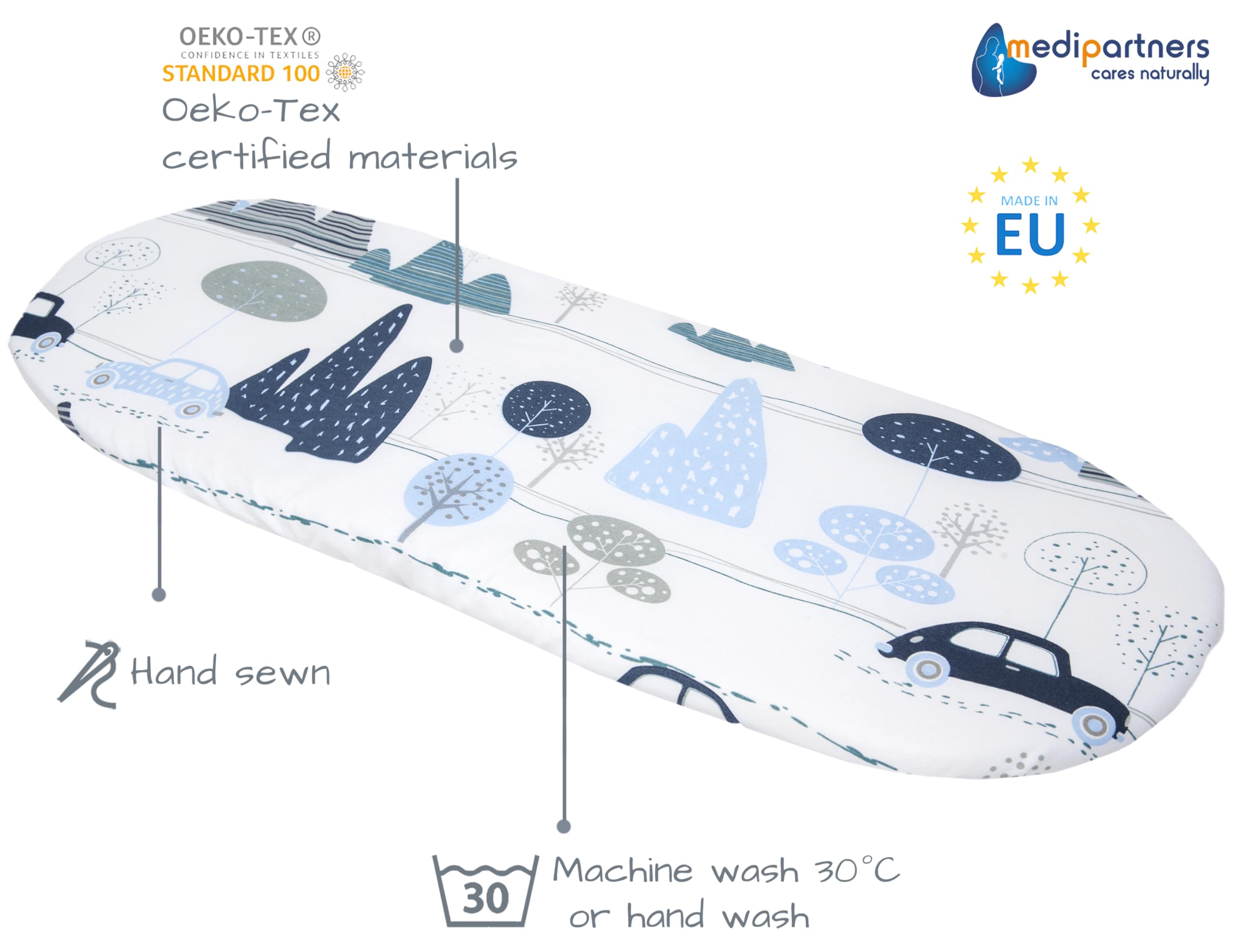 Medi Partners Set of 3 pcs. Fitted Sheet Pram 86 x 40 cm 100% Cotton Mattress Protector Baby, Retro Cars-white-grey, Three pack - Image 3