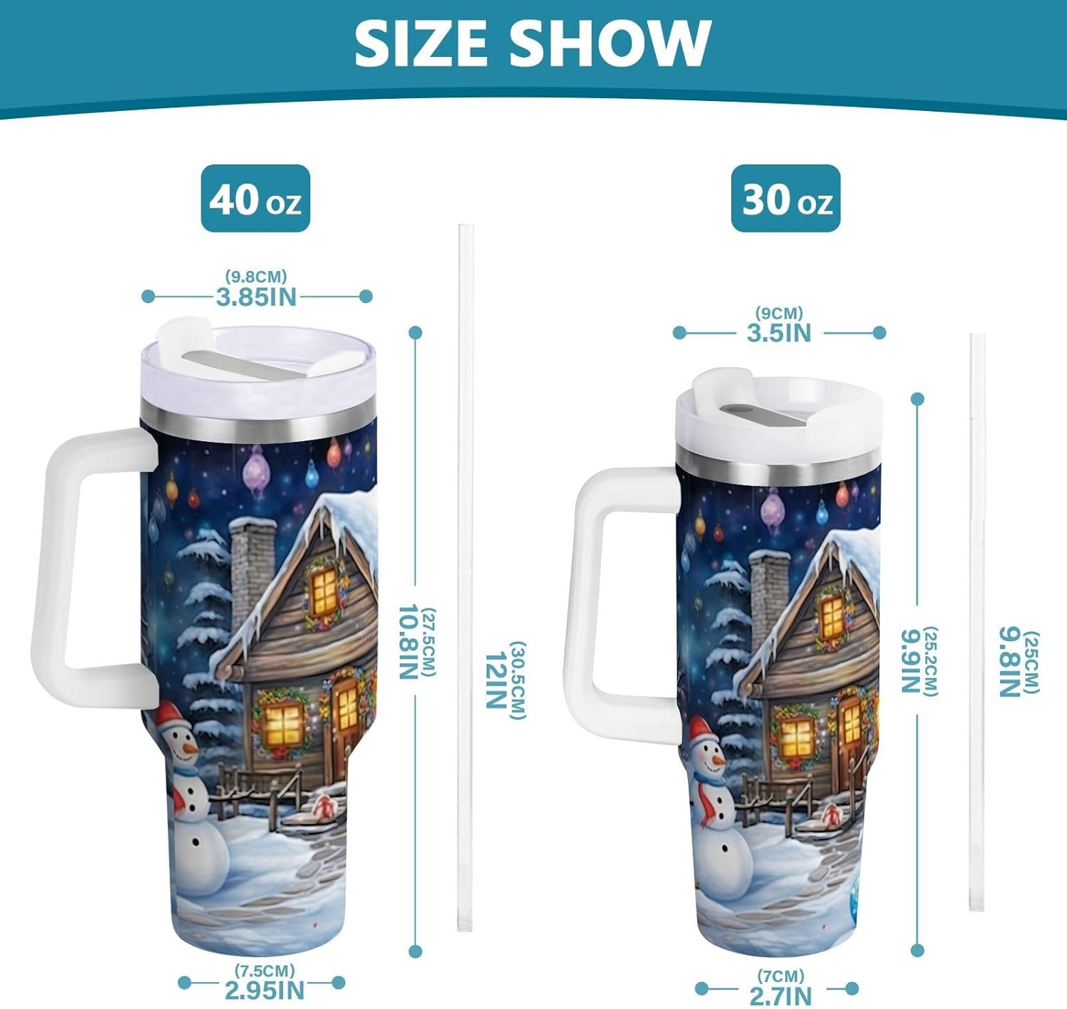 YETTASBIN Christmas Snowman 30 oz Tumbler with Handle, Stainless Steel Vacuum Insulated Sports Water Bottle, Leak-proof Travel Coffee Mug Cup with Lid and Straw for Water, Iced Tea or Coffee - Image 3