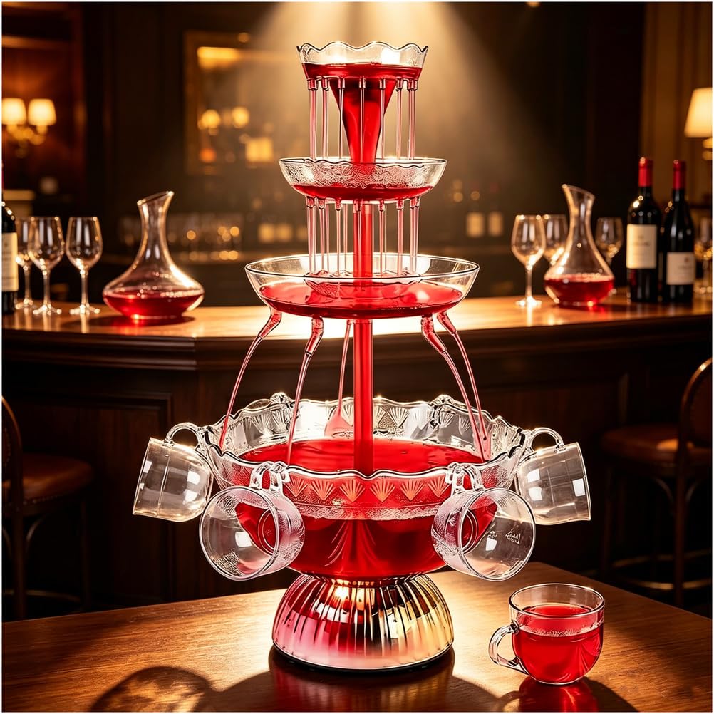 AVSMGP Red Wine Juice Fountain Machine with 5 Hanging Cups & LED Base, 3-Tier Electric Drink Dispenser- for Champagne,Water,Juice,Party, Wedding,Birthday,Bar 1.5L