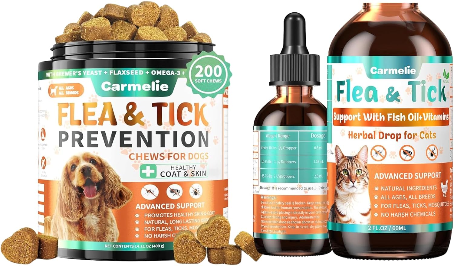 Flea and Tick Support Bundle for Dogs and Cats – Oral Flea Drops for Cats + Flea Chews for Dogs – Natural Flea Prevention for All Breeds & Ages – Chicken Flavor