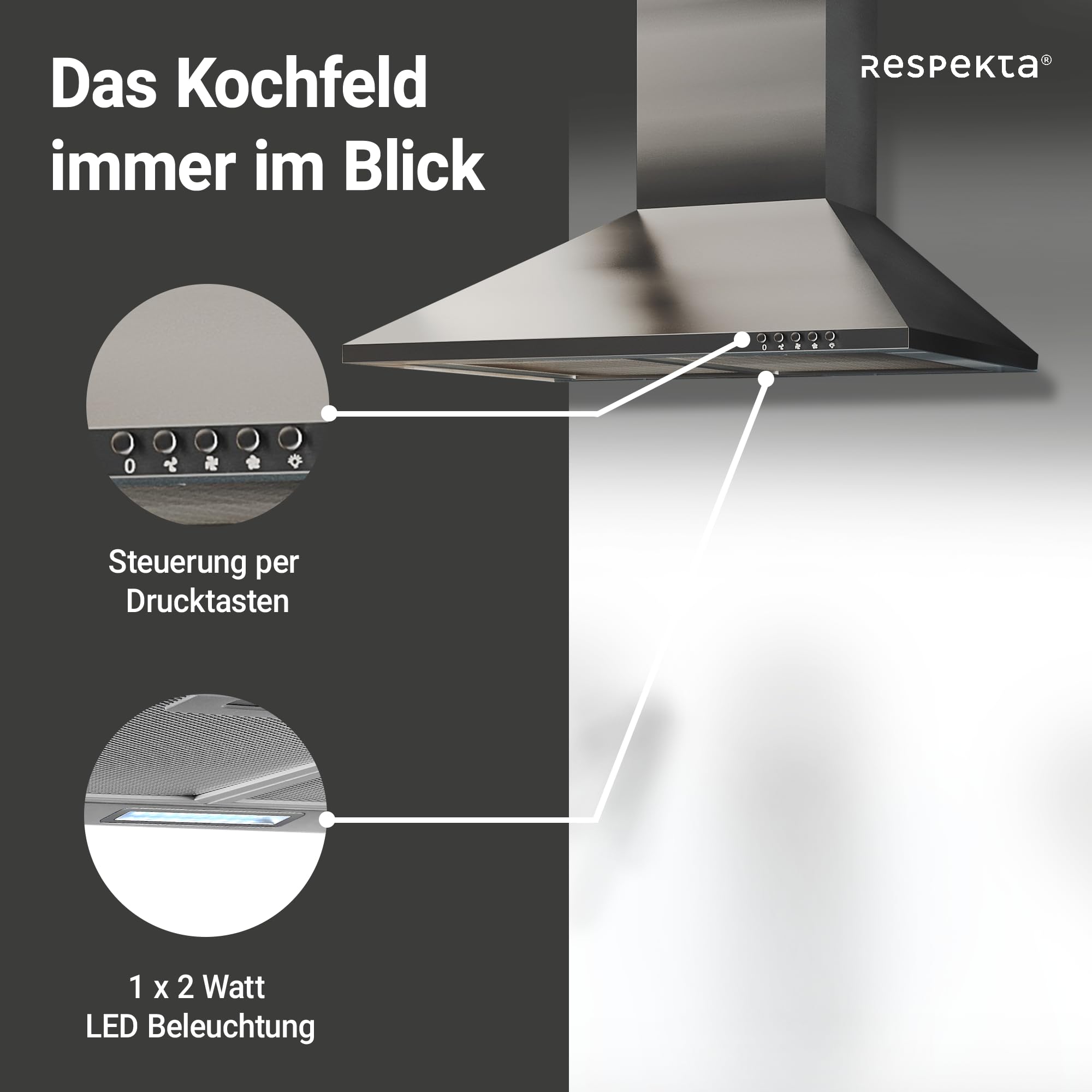 Respekta Dunstabzugshaube 60 cm Edelstahl Abluft Umluft CH22058IX-B 59-64 dB