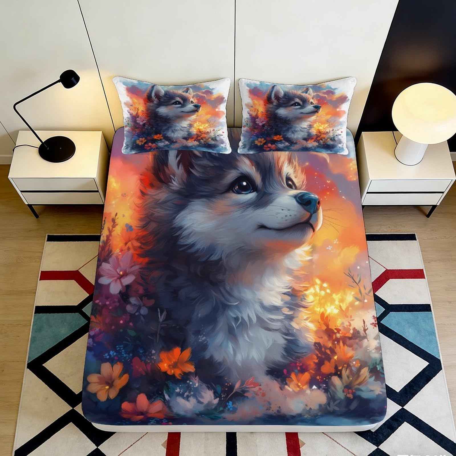 3D Printed Wolf Fitted Sheet Microfiber Deep Pocket Non-Slip Bedroom Bedding Wolf Mattress Fitted Cover for Adults Teens 120x200x25cm