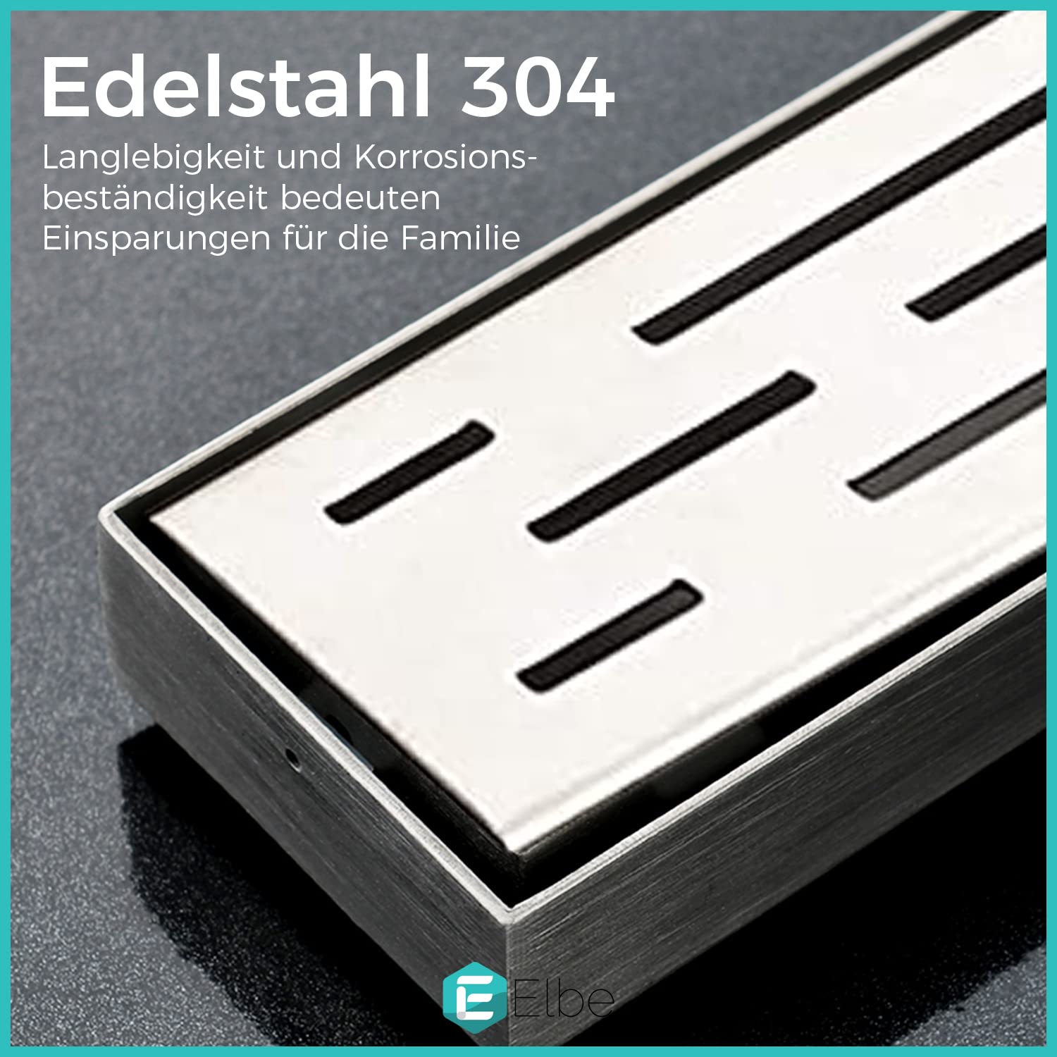 Elbe Duschrinne 70cm Extra Flach 304 Edelstahl Bodenablauf mit 3-reihig-Schlitzm Muster Glasabdeckung Komplettset Haarsieb Bodenablauf, Siphon mit Geruchsstop