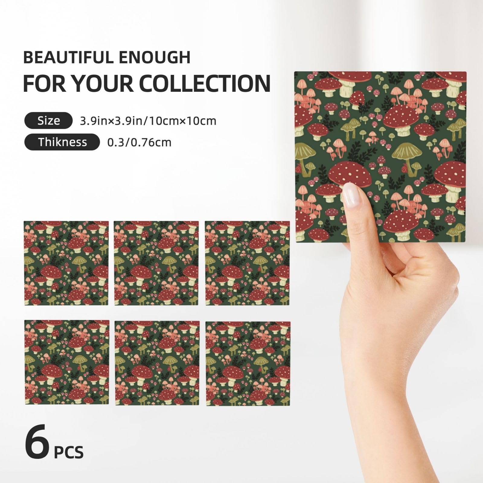Set di 6 sottobicchieri in ceramica con funghi luminosi, accessori eleganti per la cucina e la casa