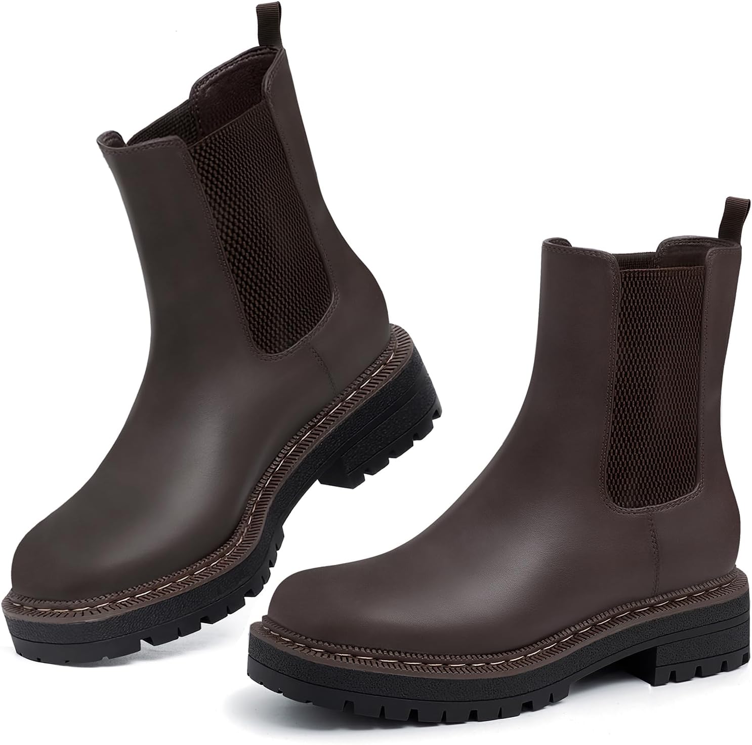 Athlefit Women's Chelsea Ankle Boots Platform Slip On Chunky Heel Lug Sole Leather Booties - Image 5