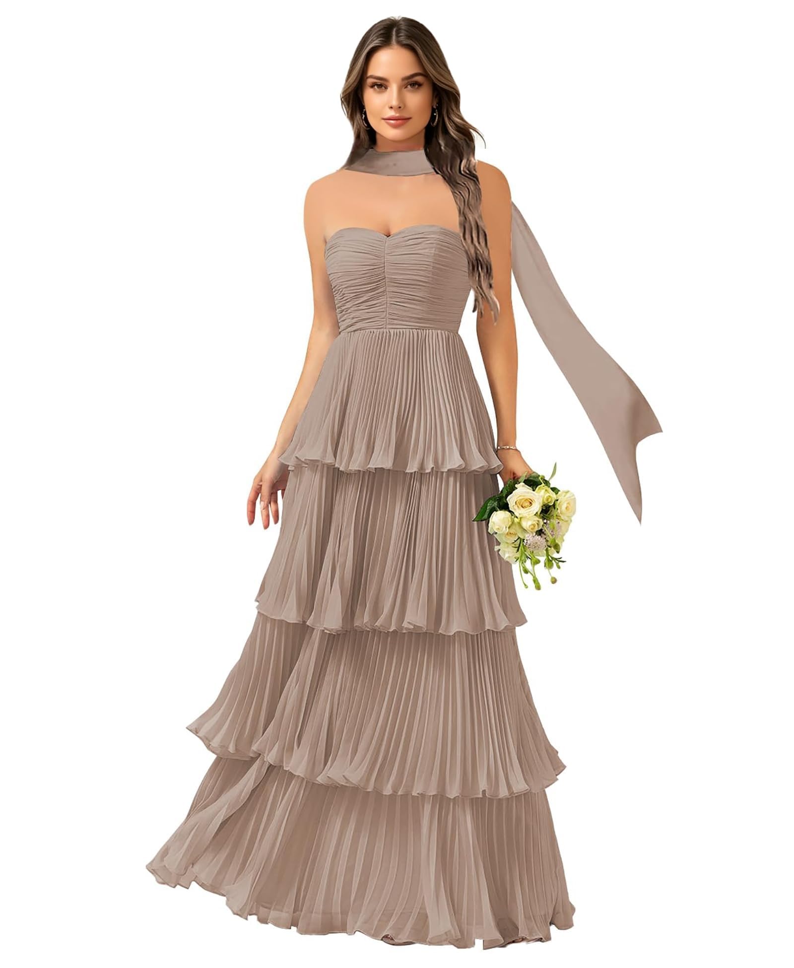 Vestidos largos de dama de honor de gasa sin tirantes escalonados con bufanda, marrón, 42 | Vestidos de graduación para mujer, vestido de invitada de boda, maxi plisado, formal, vestido de fiesta de noche con bufanda