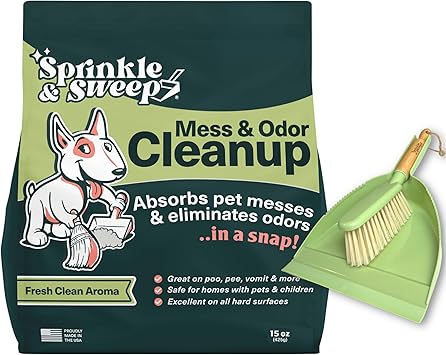 Sprinkle & Sweep Pet Mess & Odor Cleanup Duo - 15oz Bag & Dustpan Broom - Dog Accident Clumping Powder, Remove Urine-Poop-Vomit from Hard Services