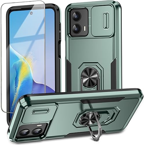 for Motorola Moto G 5G 2023 Case with Slide Camera Cover + Tempered Glass Screen Protector,[Full Camera Protection] [Ring Kickstand] Military Grade Shockproof Full Body Protective Cover-Green