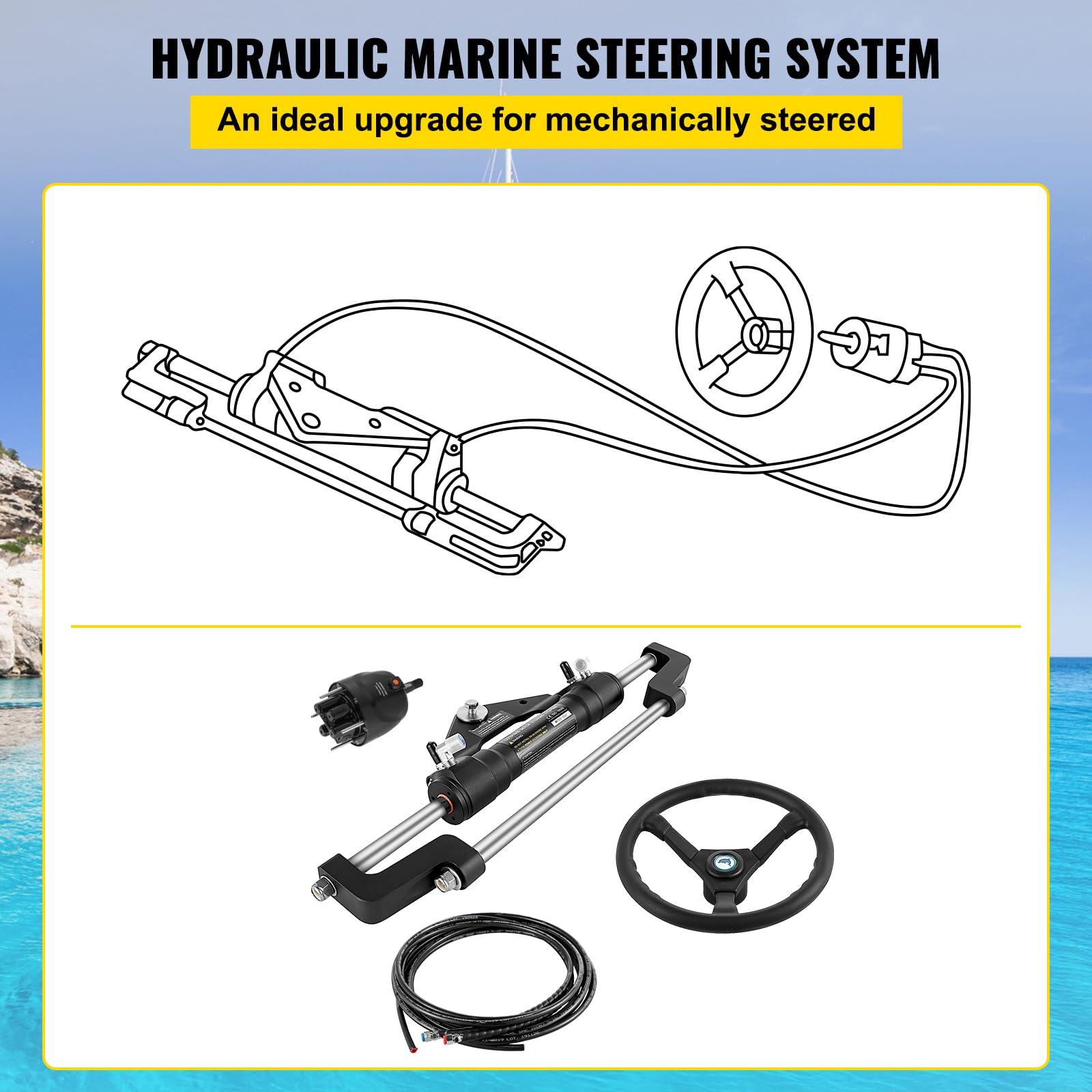 VEVOR Set di sterzo idraulico per barca, 300 CV, set di sterzo idraulico, pompa di controllo, cilindro, ruota, tubo da 18 piedi, set di guarnizioni di sterzo idraulico, sistema di sterzo resistente