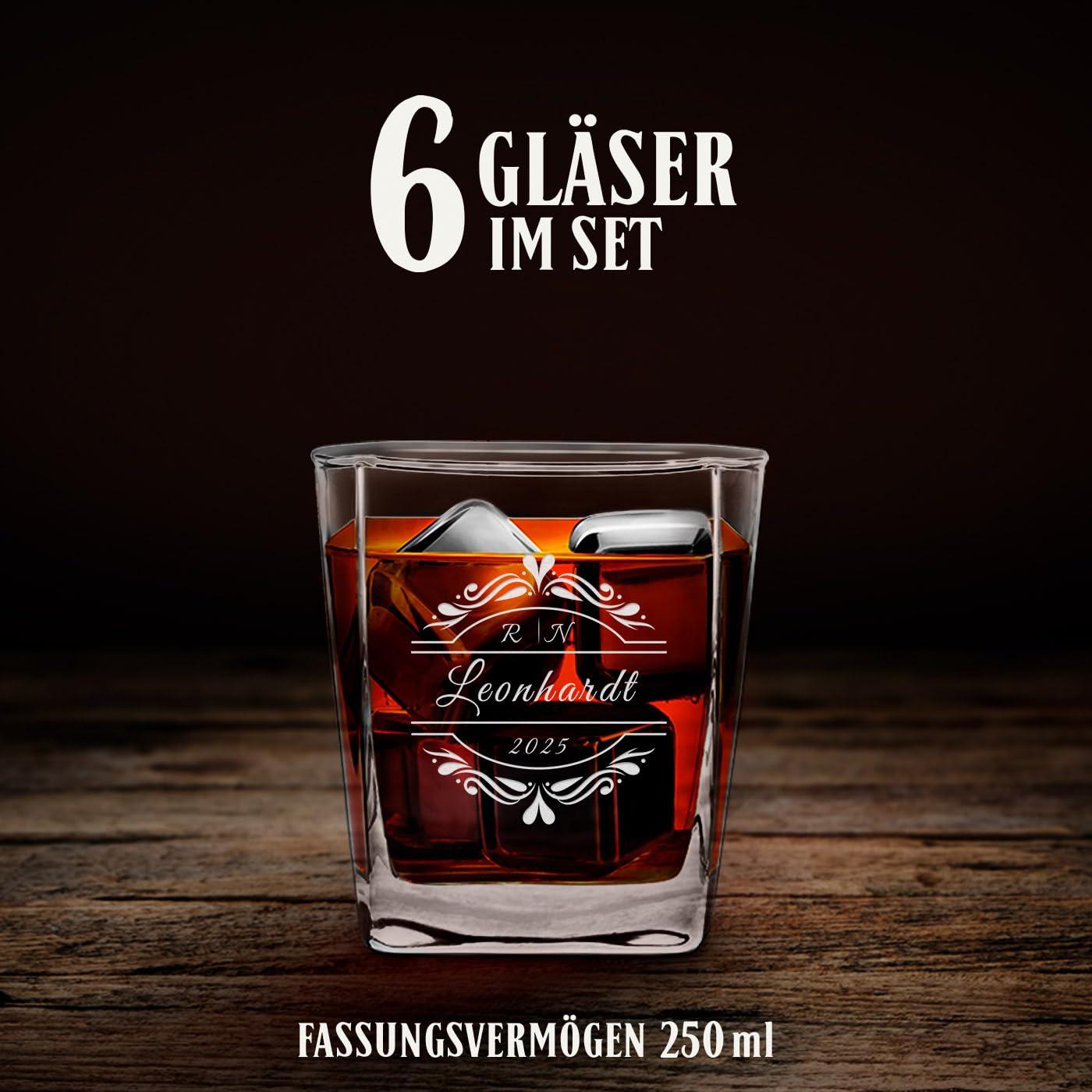 Maverton Pyramid Whiskey Karaffe 800ml + 6er Whiskygläser Set mit Gravur