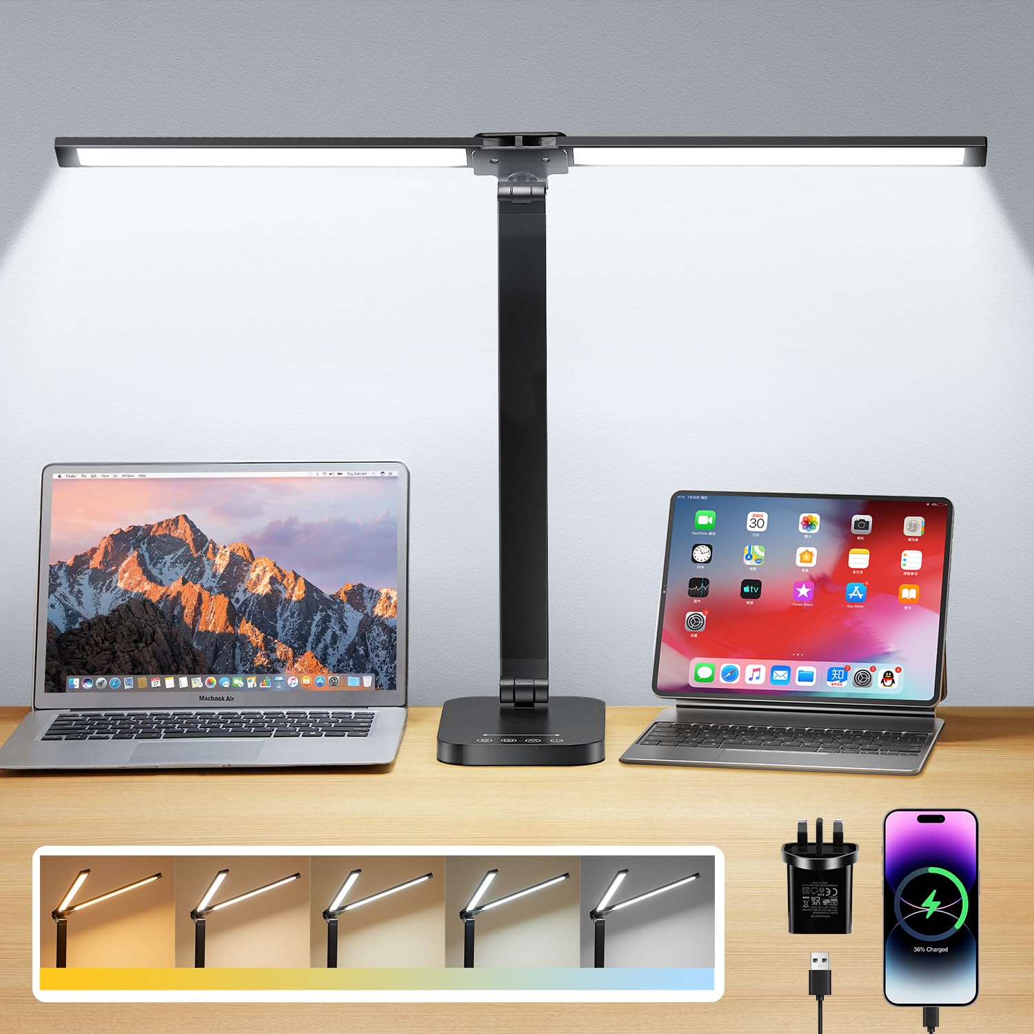 Dual Swing Arm Desk Lamp, 10 Brightness/5 Colors/Memory Reading Lamp, 1200LM+196 LED Desk Lamp with Adapter & USB Charging Port, 1.8M Range Desk Light, Desk Lamps Office, Study Lamp, Daylight Lamp