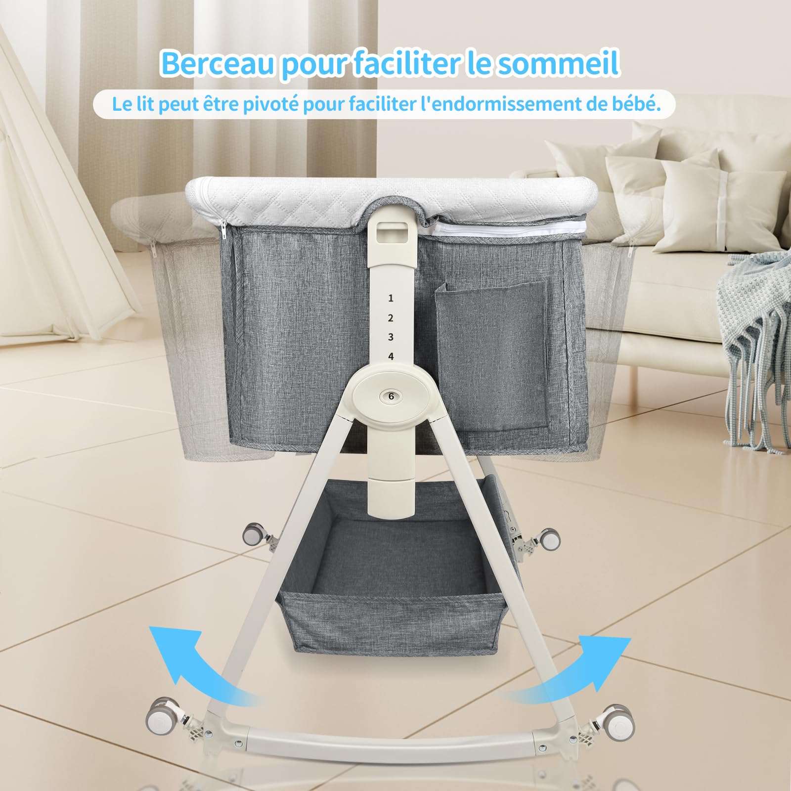 OHMG 3 in 1 Babybett bis 9 kg,Beistellbett,Wiege,Höhenverstellug und Einstellung der Neigung der Matratze,4 Räder mit Bremse Ergonomische Matratze Tasche (95x50x98-110cm(grau))