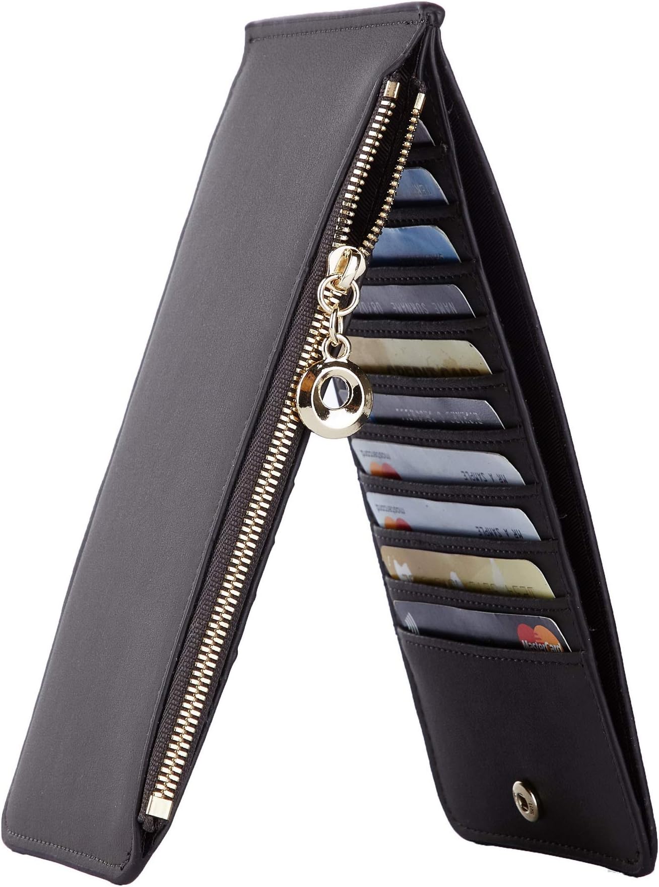 Womens RFID Blocking Genuine Leather Multi Card Organizer Wallet with Zipper Pocket