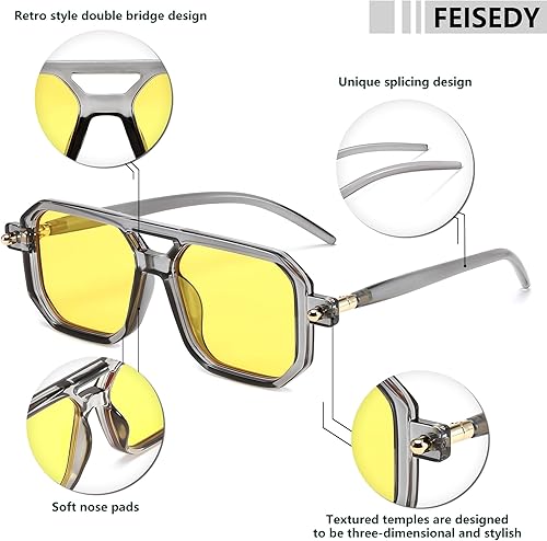Miniatura 92 de Feisedy - B2622 - Lentes de sol estilo aviador, cuadrados, clásicos de los años 70, unisex, con montura clásica retro y elegante, UV400 Marco