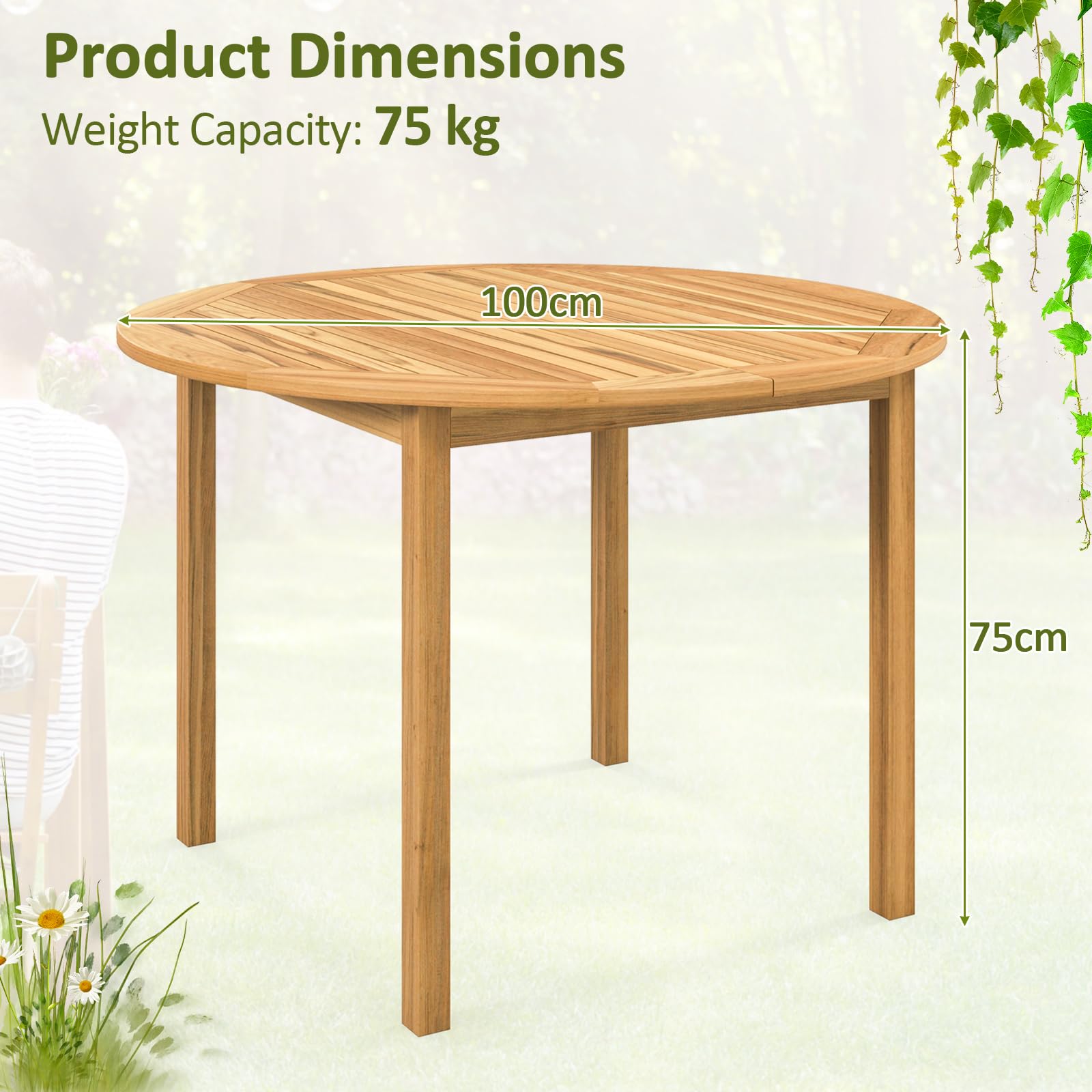 GIANTEX Tavolo da Pranzo Rettangolare da Giardino in Legno di Acacia | Foro Ø5 cm per Ombrellone, Capacità per 4 Persone, Dimensioni 100 x 100 x 75 cm, per Terrazza e Patio