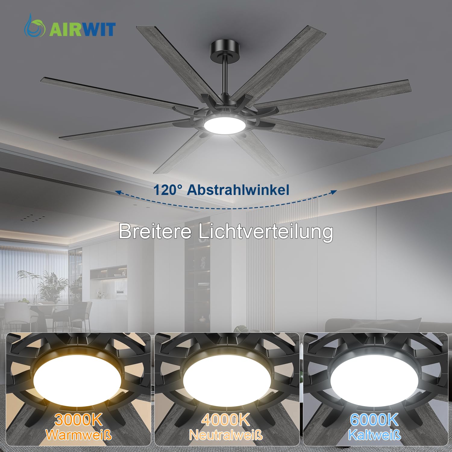 Airwit 183cm Deckenventilator mit Beleuchtung und Fernbedienung, Outdoor, leise, wendbare Flügel, Industrial Design