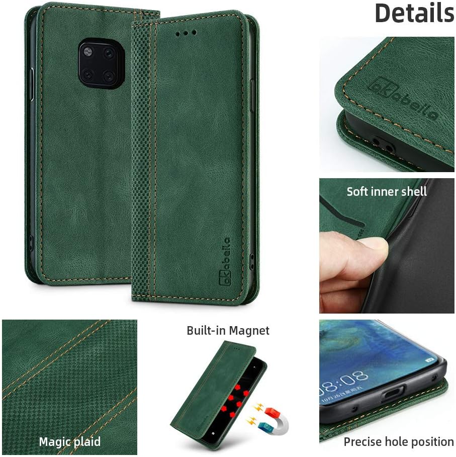 AKABEILA Case for Huawei Mate 20 Pro Case PU Leather Flip Wallet Case with Magnetic Closure Kickstand Card Slots Phone Case Cover Holder Protective Shockproof Green