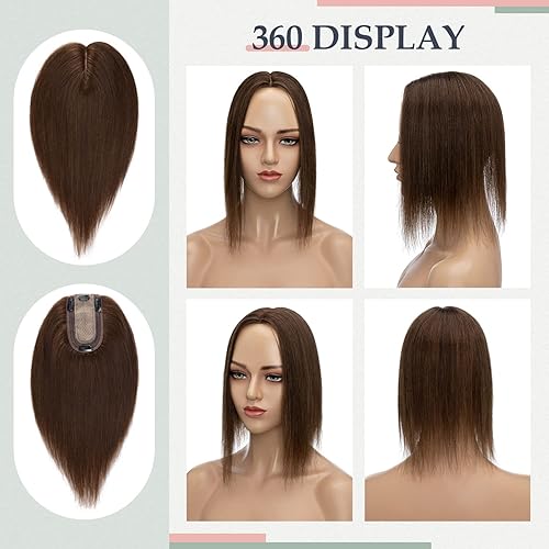 Miniatura 5 de Toppers para el cabello para mujer, cabello humano real, densidad del 150%, base de seda, parte superior marrón, sin flequillo, pinzas para peluca