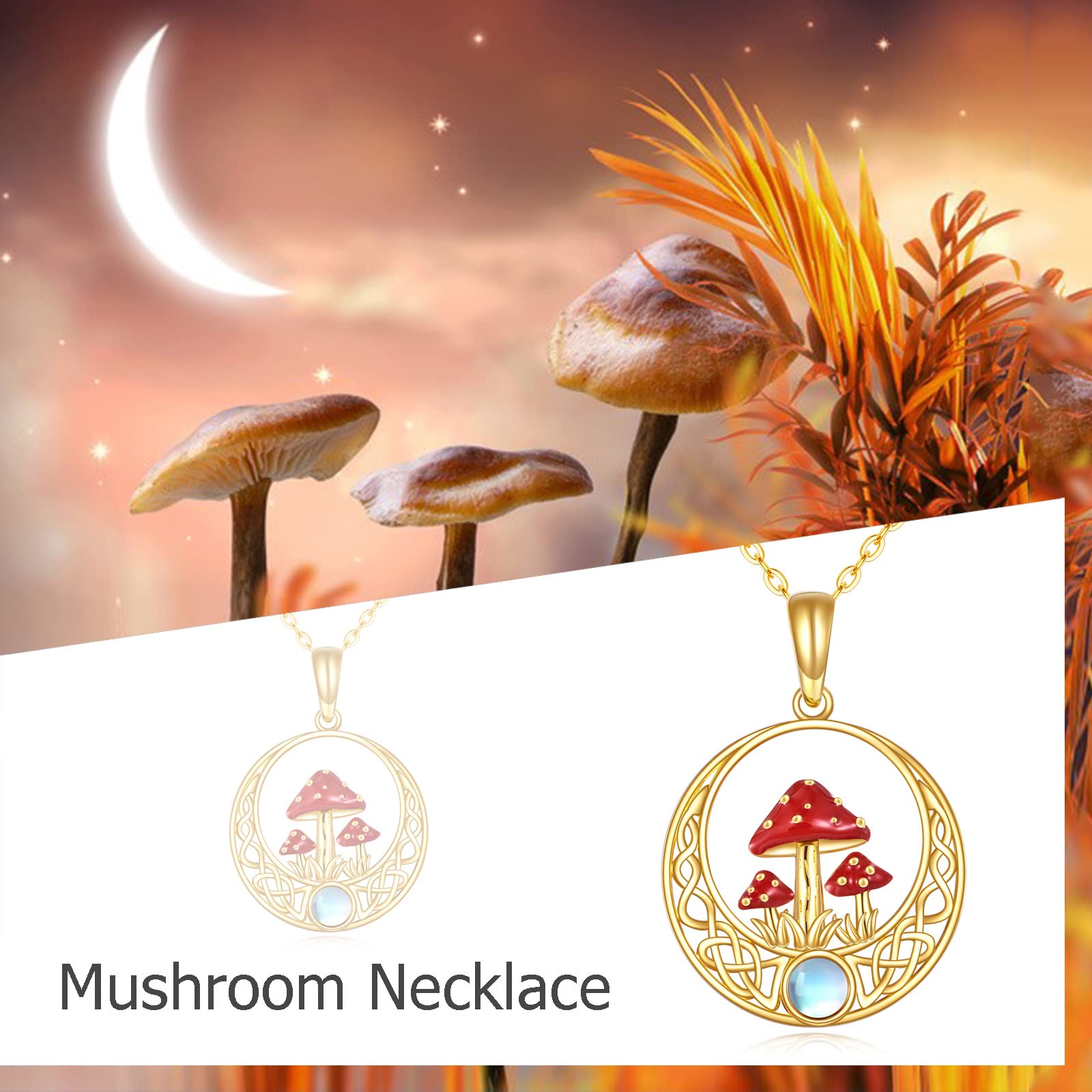 14K Gold Moonstone Naszyjnik dla kobiet Celtic Węzeł wisior grzyb