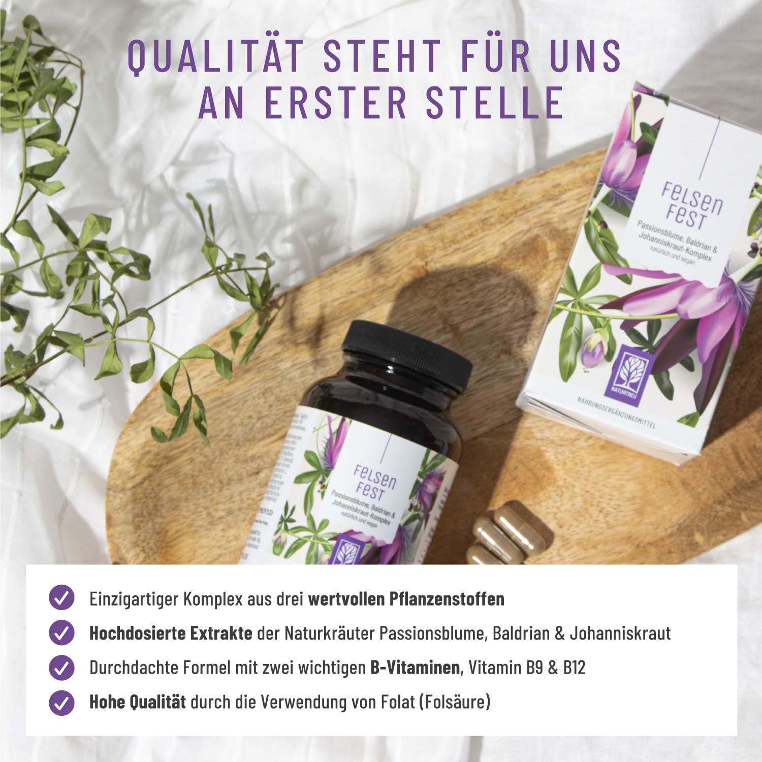 FELSENFEST - Johanniskraut Baldrian Passionsblume Kapseln hochdosiert - Vergleichssieger * - St Johns Wort mit Folsäure & B12 - Vegan - 90 Kapseln