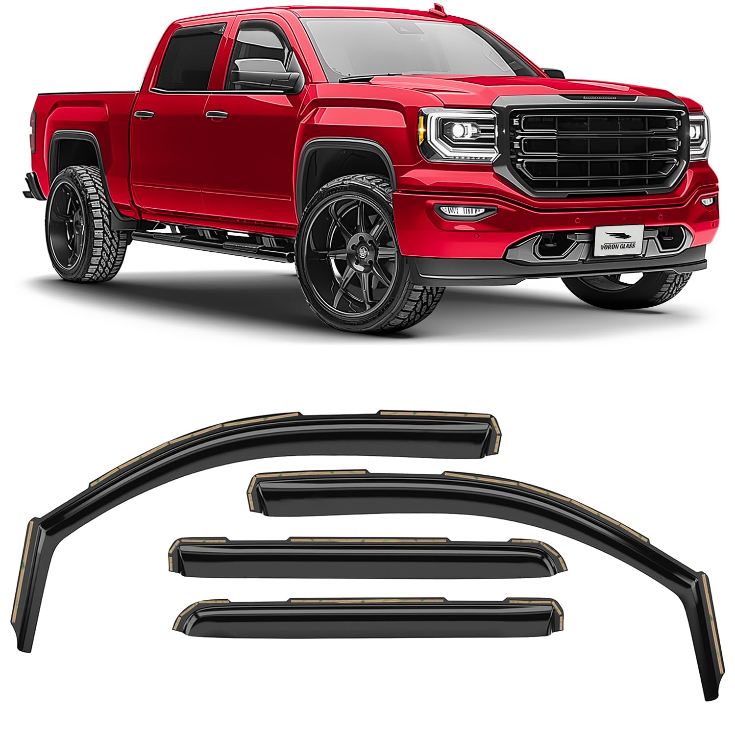 Voron Glass in-Channel Extra Durable Rain Guards for Trucks GMC Sierra 2014-2018 Crew Cab, Window Deflectors, Vent Window Visors, 4 Pieces - 200446