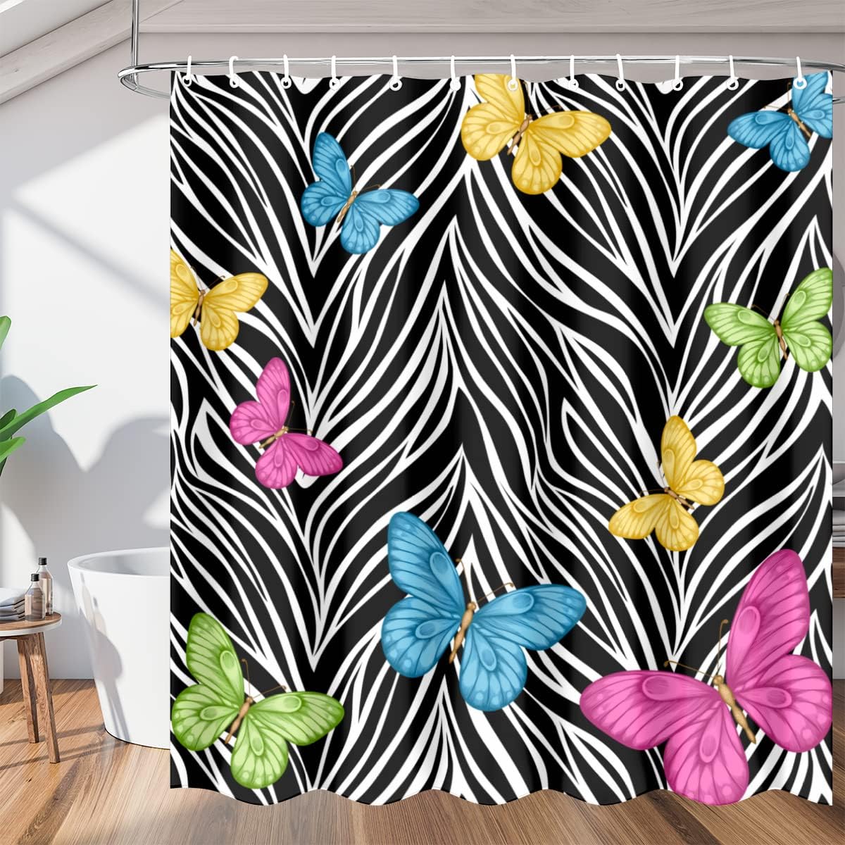 Animal Zebra Print Butterfly Shower Curtain Fabric Shower Curtain Set with 12 Plastic Hooks Waterproof Cloth Farmhouse Washable Bath Curtains for Bathroom Decor 60 x 72 Inches
