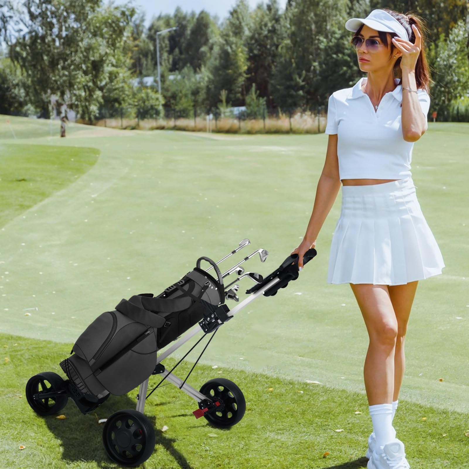 Wózek golfowy, składany wózek z 3 kołami z hamulcem nożnym, aluminiowa rama, uchwyt na kartę wyników, uchwyt na piłki, koło licznika skoków do kompaktowego pola golfowego