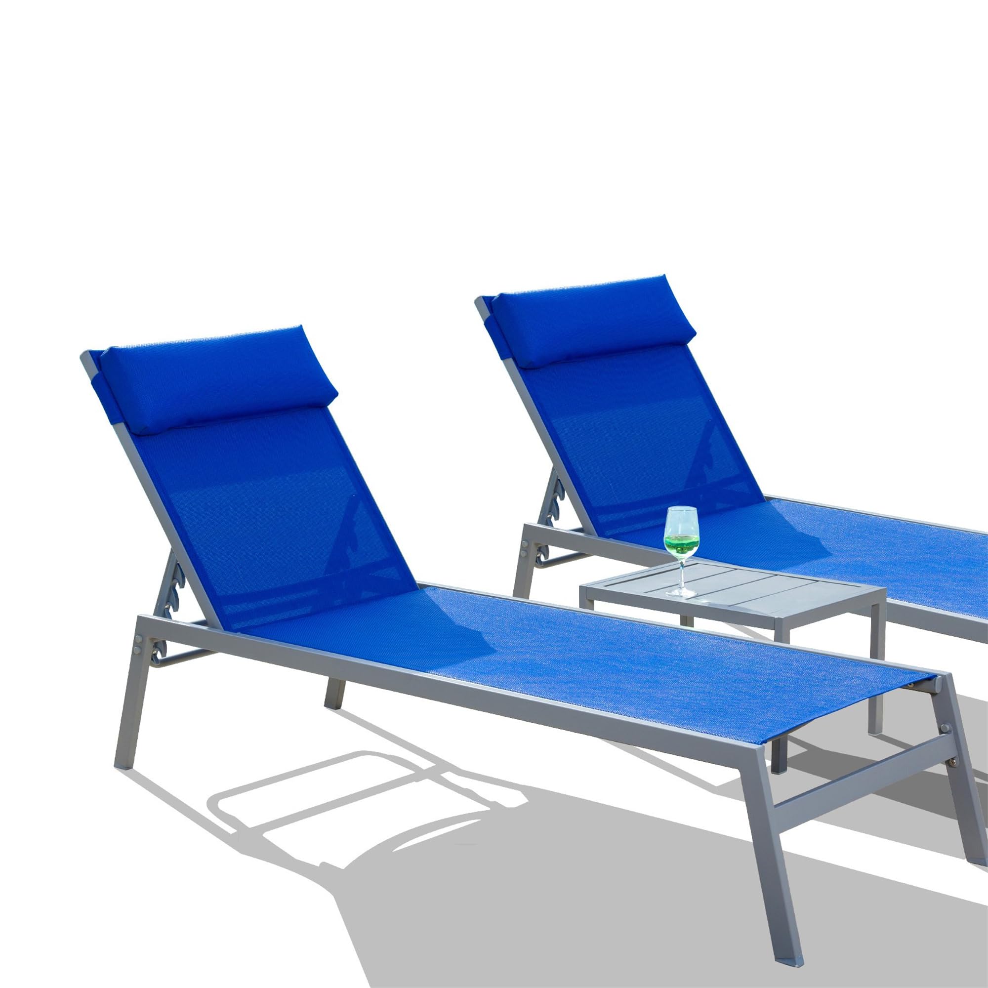 GOWE Patio Chaise Lounge Set, 3 Pieces Adjustable Backrest Pool Lounge Chairs Steel Textilene Sunbathing Recliner with Headrest (Blue.2 Lounge Chairs+1 Table)