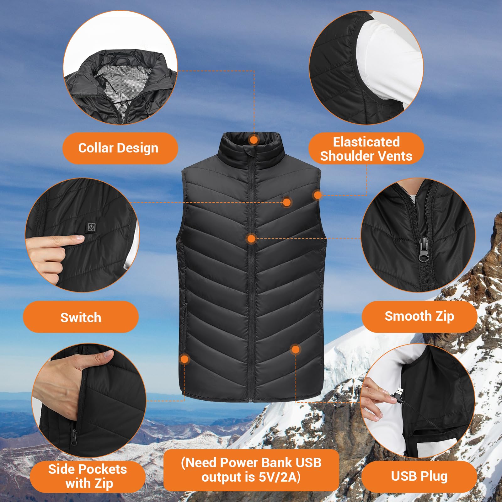 Gilet Riscaldato, Regolazione Della Temperatura a 3 Livelli, 9 Zone di Riscaldamento, Gilet Riscaldato Ricaricabile via USB, Giacca Riscaldata per Uso Esterno (Batterie Escluso) S Nero